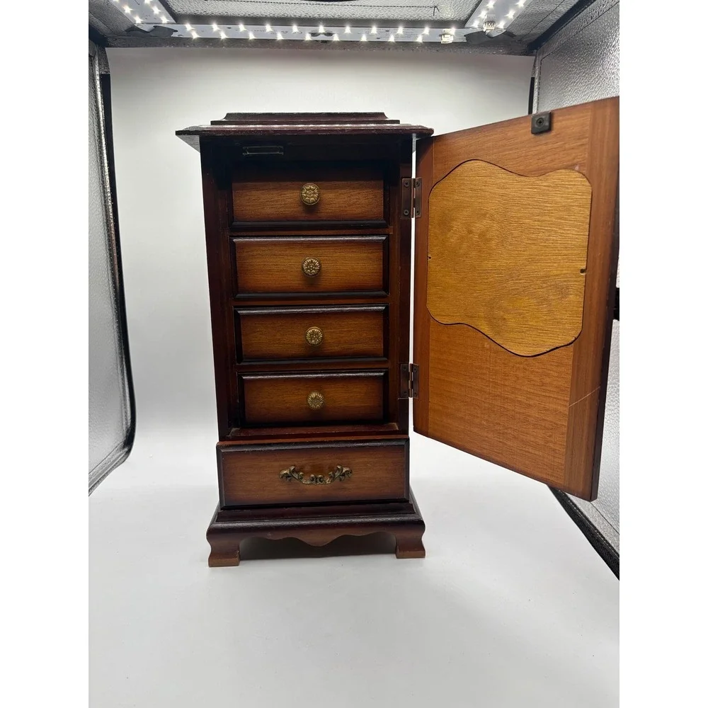 Vintage Wooden Jewelry Box Armoire Sunset Scene Music Box Cabinet 3 Drawers